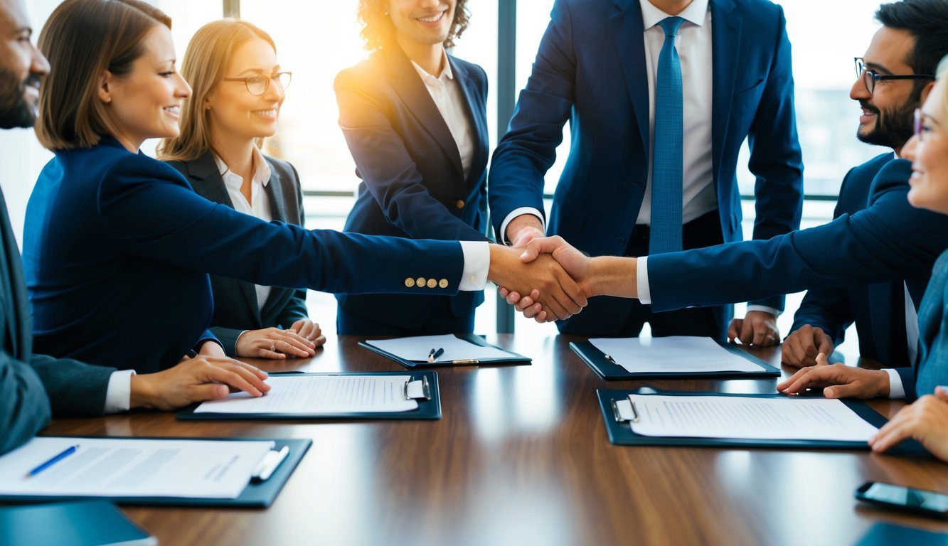 Un gruppo di persone in una sala conferenze che firmano documenti legali e si stringono la mano per formare una Società in Nome Collettivo - S.n.c nel 2025