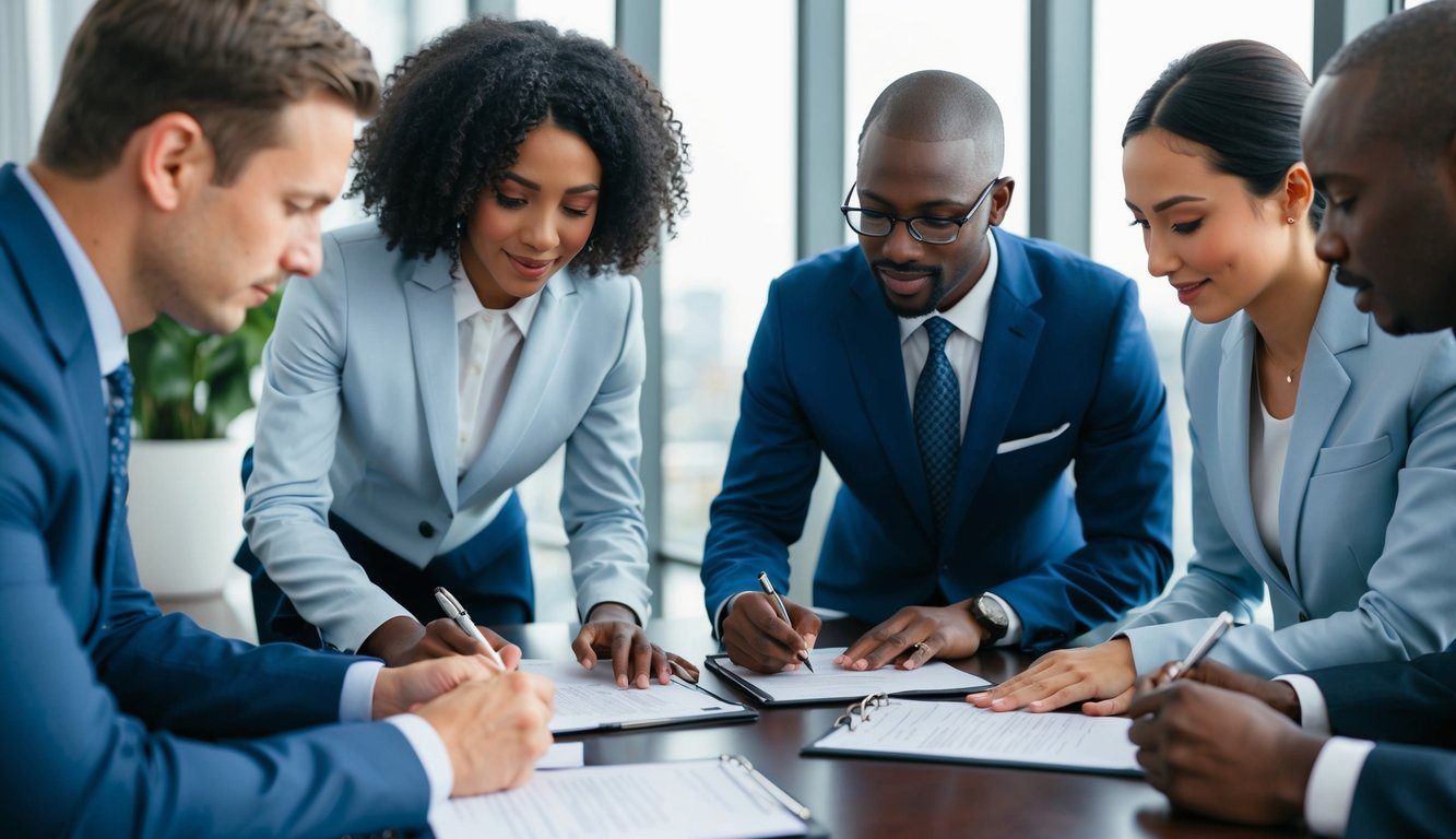 Un gruppo di persone che discutono e firmano documenti in un contesto formale