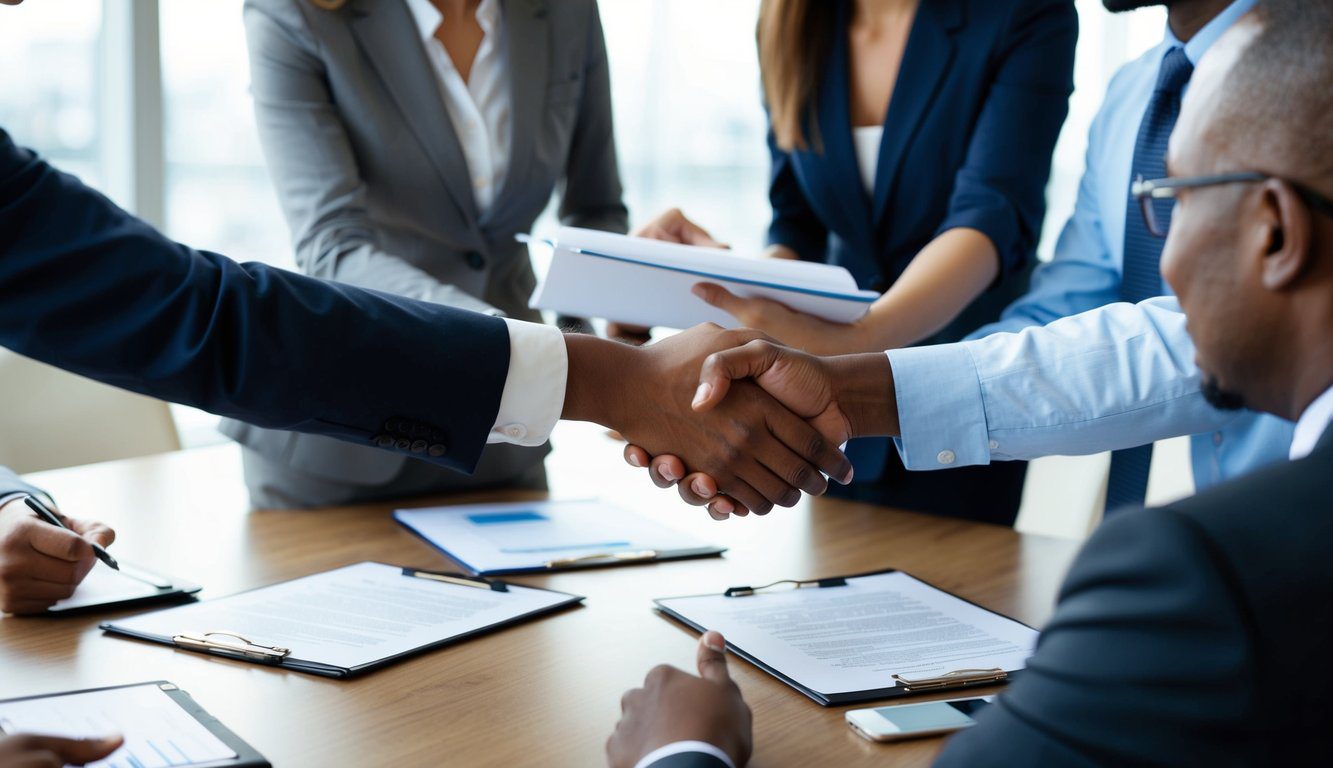 Un gruppo di persone che scambiano documenti e si stringono la mano in un incontro di lavoro