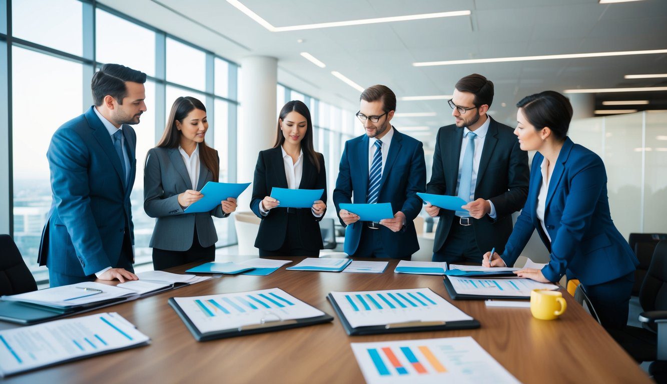 Un gruppo di contabili che discute di bilanci e stati patrimoniali in un ambiente d'ufficio moderno