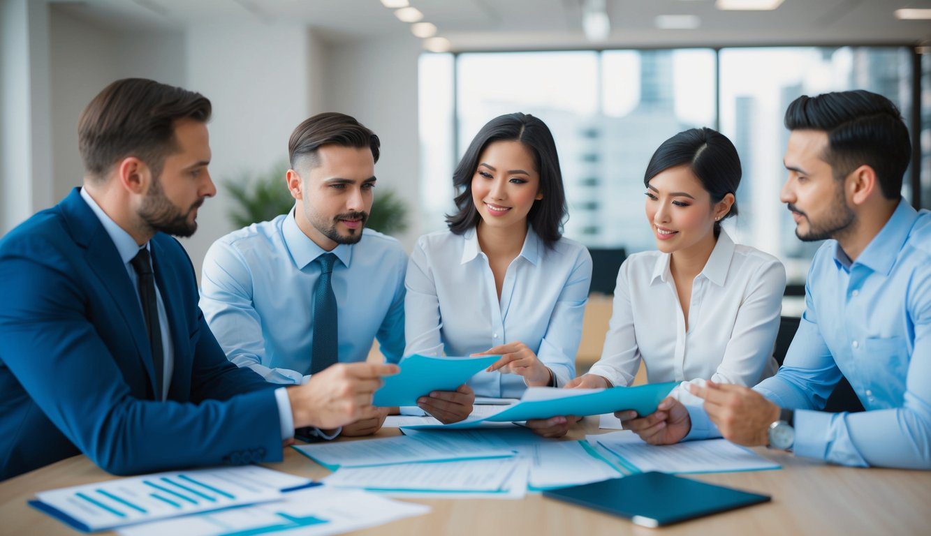 Un gruppo di partner commerciali che discute documenti finanziari e moduli fiscali in un ufficio ben illuminato.
