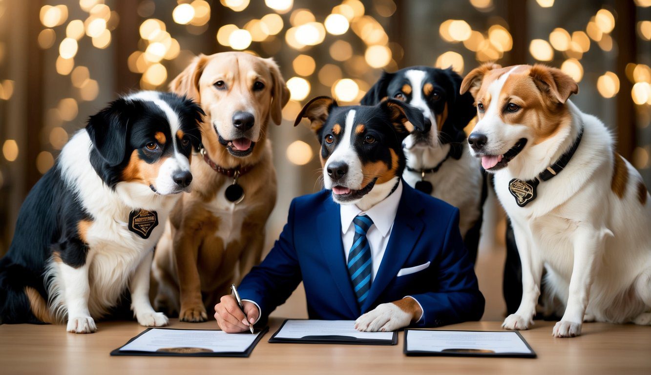 Un gruppo di animali si riunisce attorno a un tavolo, firmando documenti con un timbro notarile, mentre un cane dall'aspetto amichevole in un completo supervisiona il processo.