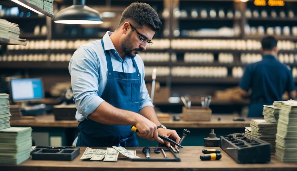 Riduzione Contributi INPS al 50% Per Artigiani e Commercianti: In Cosa Consiste e Chi Può Richiederla (2025) 2 Commerciante che lavora nel suo negozio, mentre utilizza strumenti specifici del suo mestiere e tanti soldi. L'immagine trasmette professionalità e dedizione.