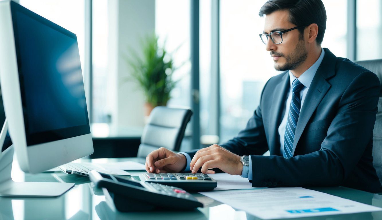 Una scrivania professionale con un computer, una calcolatrice e documenti. Una persona in giacca e cravatta sta consultando un cliente.