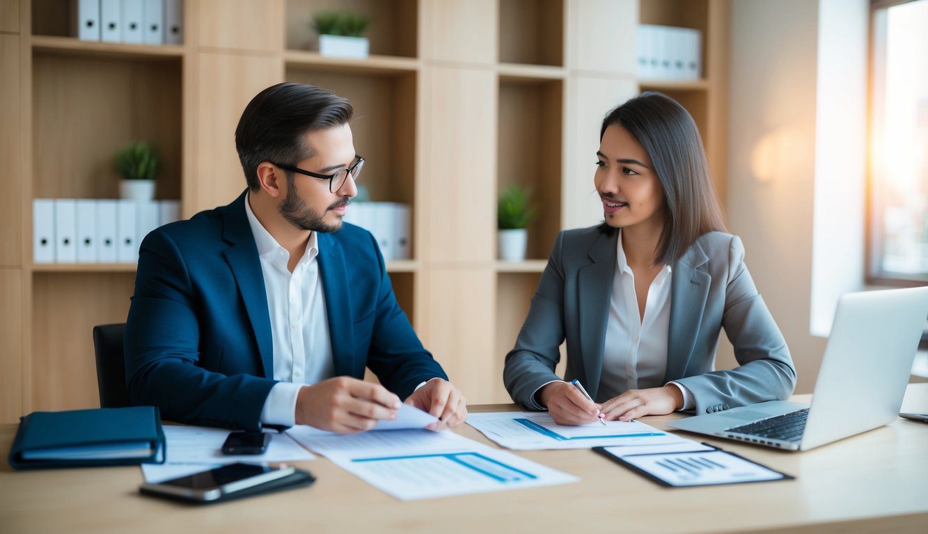 Una persona seduta a una scrivania con un consulente fiscale, che discute documenti finanziari e opzioni di pagamento.