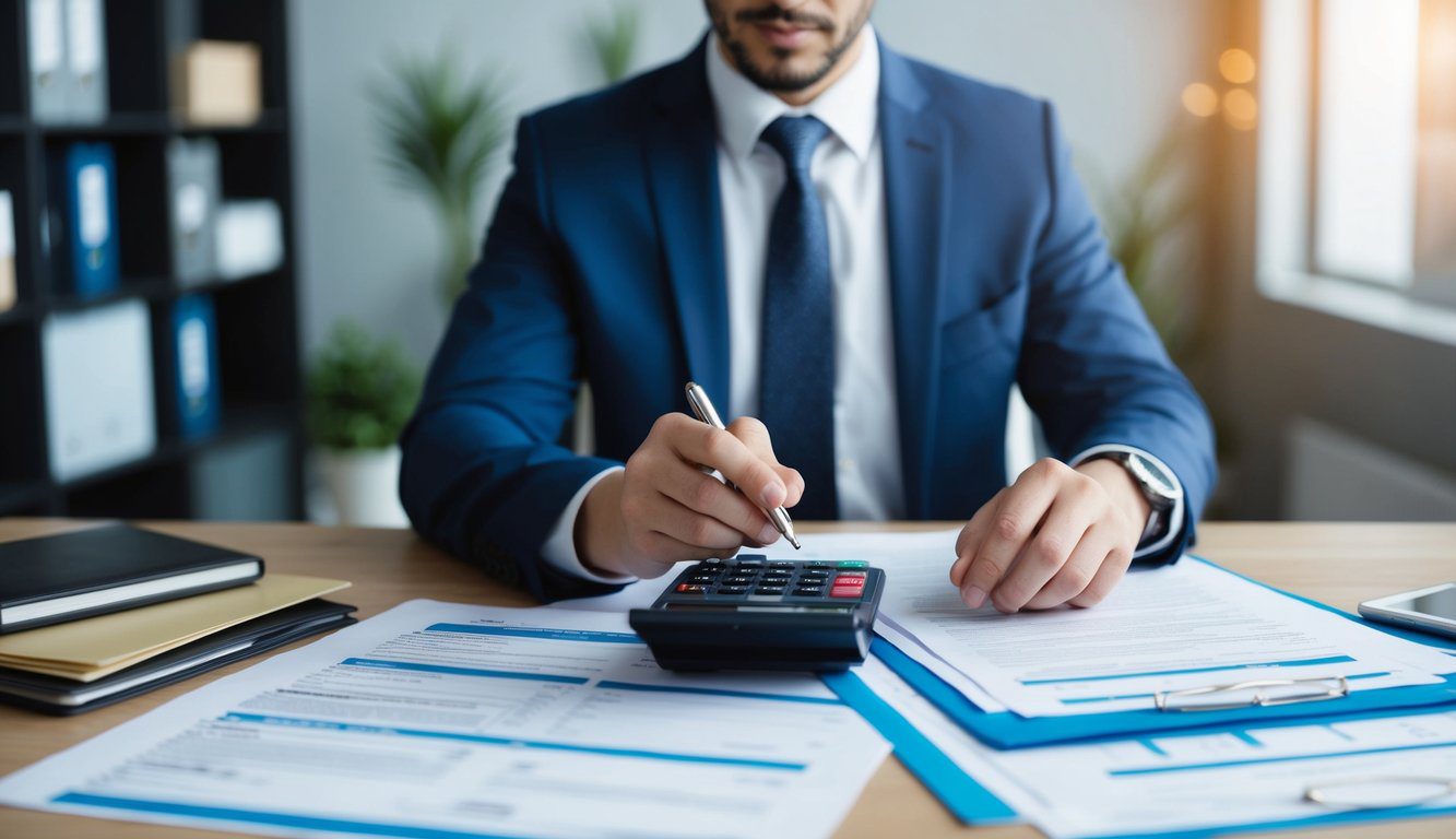 Un consulente fiscale che esamina documenti finanziari a una scrivania, con una calcolatrice e vari moduli sparsi davanti a lui.