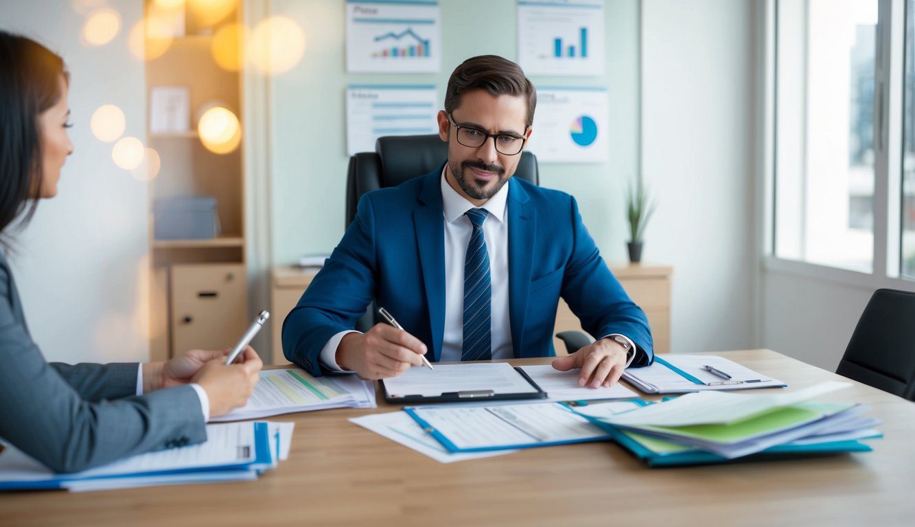 Un commercialista professionista seduto a una scrivania circondato da moduli fiscali e documenti finanziari, che fornisce consulenza a un cliente