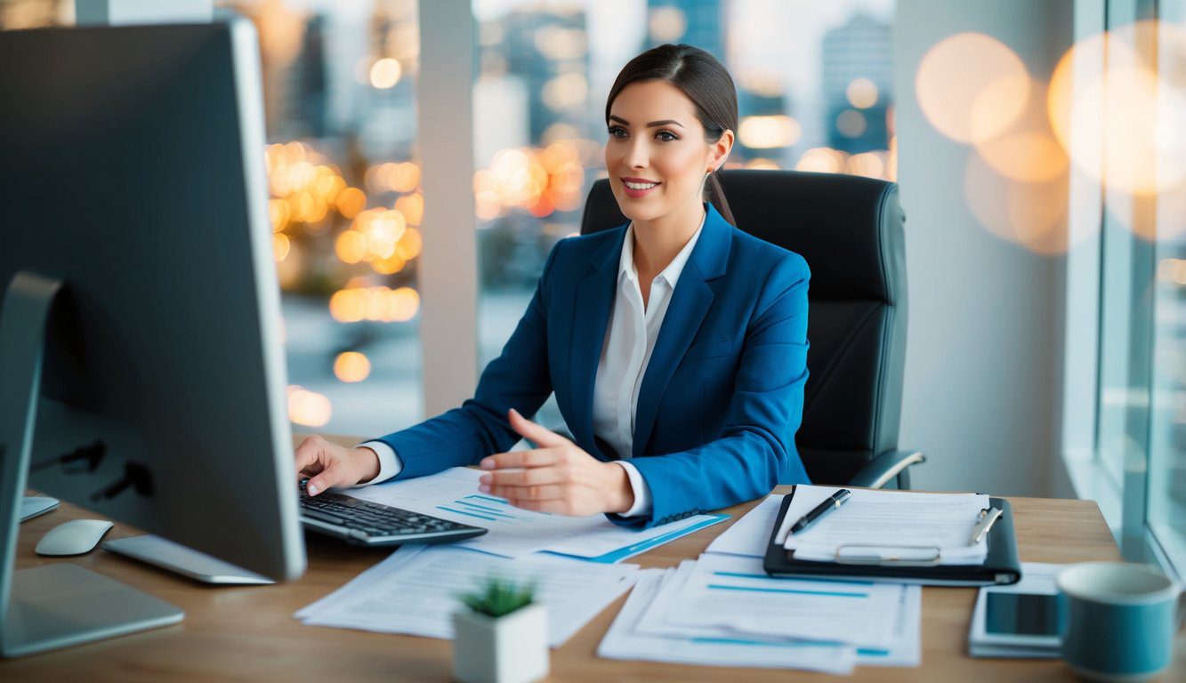 Una persona seduta a una scrivania, circondata da documenti e un computer, che risponde alle domande dei clienti sui servizi di consulenza fiscale.