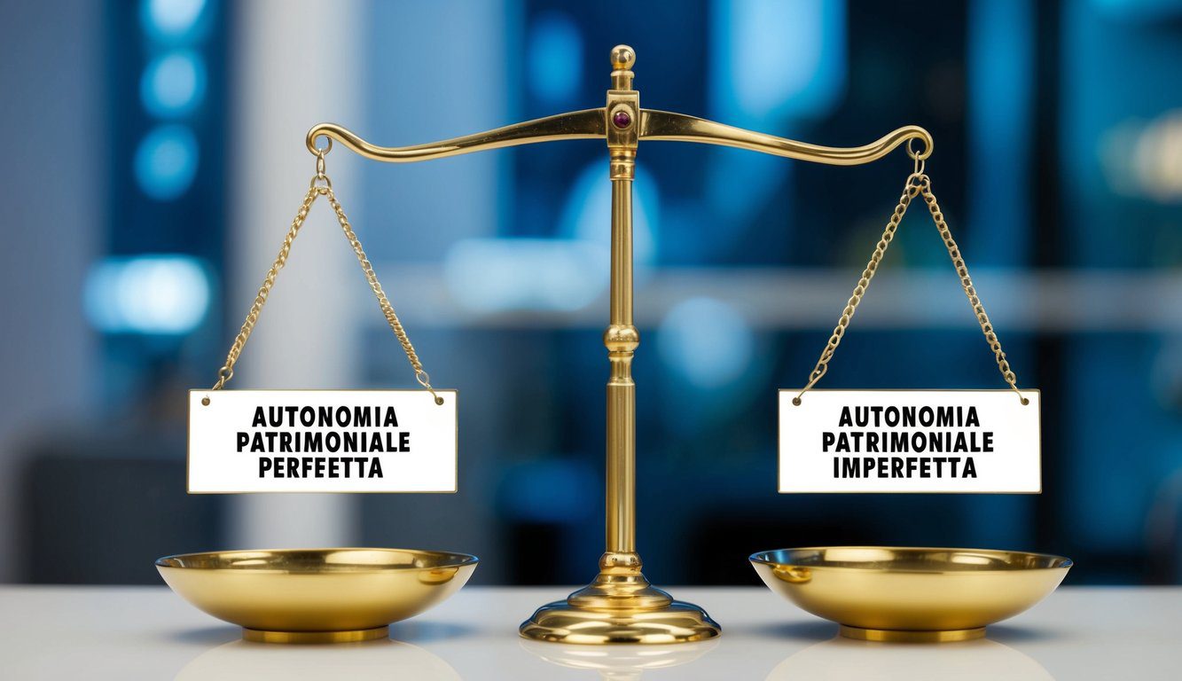 Autonomia Patrimoniale Perfetta e Imperfetta: Cosa Sono, Differenze e Implicazioni Giuridiche (2026) 1 Una bilancia che equilibra due tipi di aziende, una etichettata "autonomia patrimoniale perfetta" e l'altra "autonomia patrimoniale imperfetta."