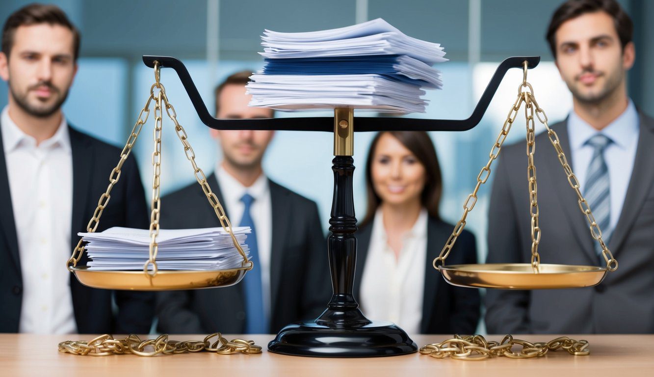 Autonomia Patrimoniale Perfetta e Imperfetta: Cosa Sono, Differenze e Implicazioni Giuridiche (2026) 3 Una bilancia che equilibra una pila di documenti legali da un lato e un gruppo di individui dall'altro, con catene spezzate che simboleggiano un'autonomia patrimoniale imperfetta.