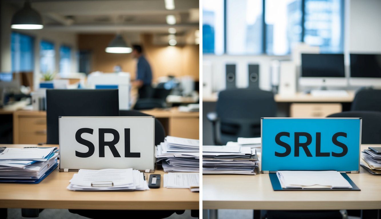 Un ufficio occupato con due scrivanie separate, una contrassegnata "SRL" e l'altra "SRLS." La scrivania SRL è ingombra di documenti e fascicoli, mentre la scrivania SRLS è ordinata e organizzata.