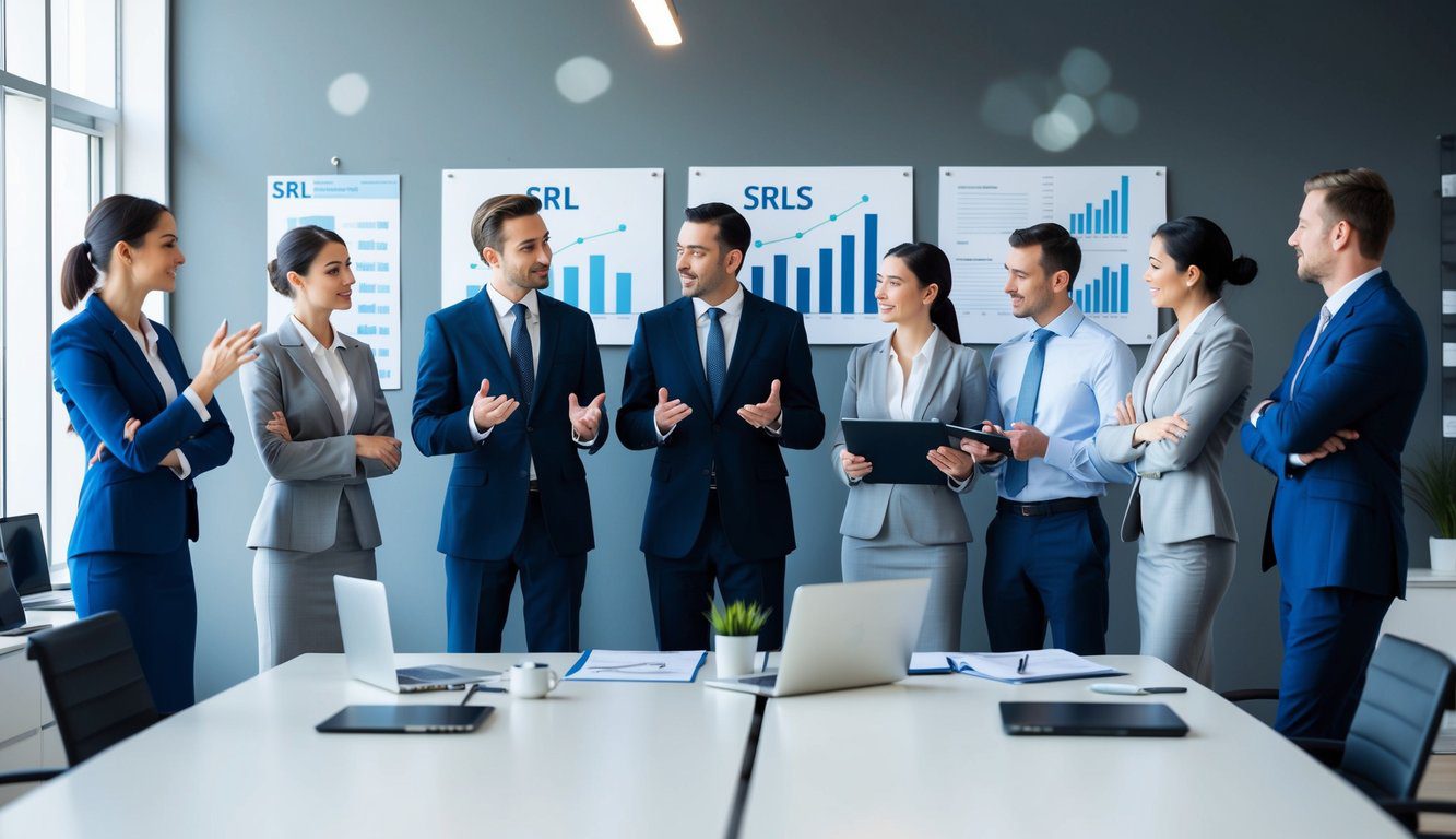 Un gruppo di professionisti del settore che discutono le differenze tra SRL e SRLS in un ambiente d'ufficio moderno con grafici e diagrammi sulle pareti.