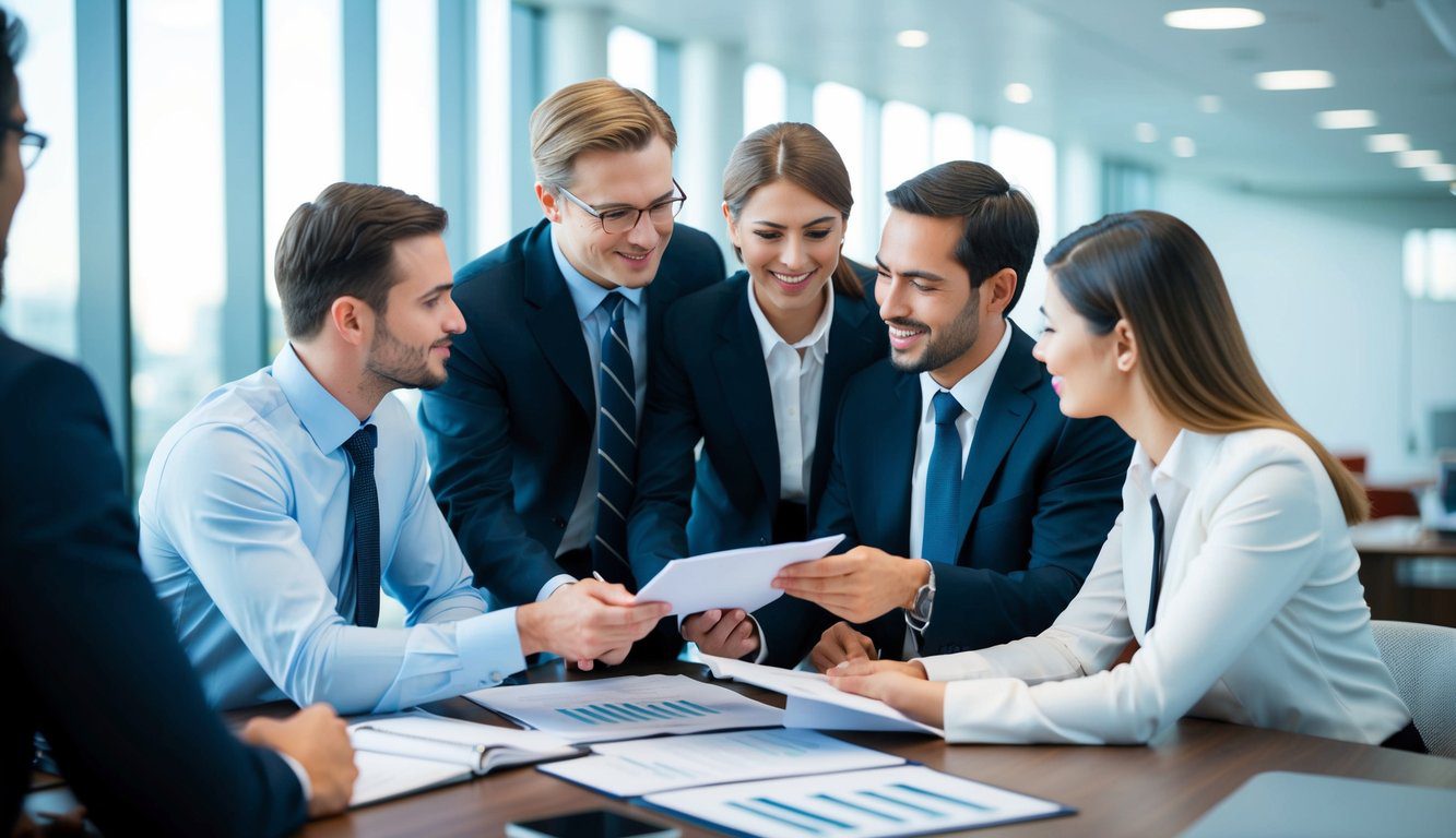 Un gruppo di partner commerciali che discutono e scambiano documenti in un ambiente d'ufficio professionale