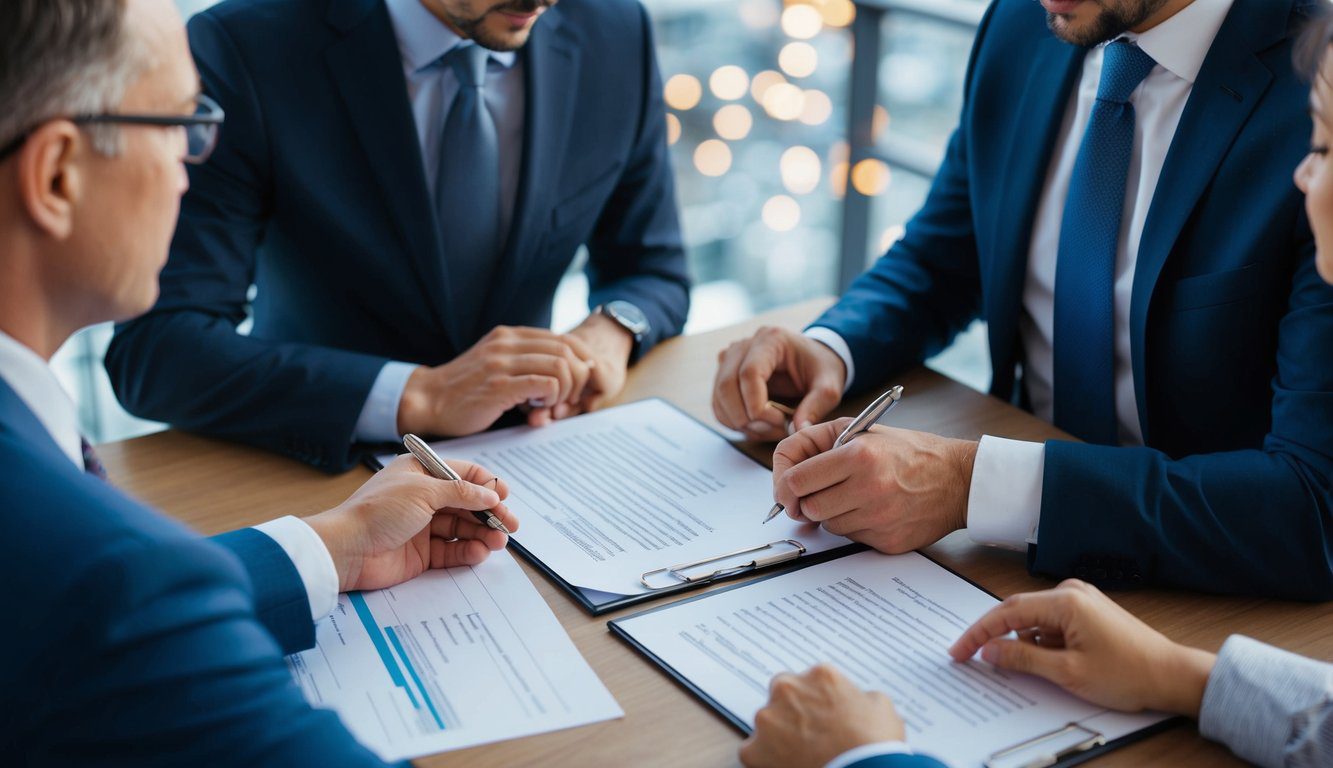 Un gruppo di persone che discute e firma documenti legali per la formazione di una società semplice di persone