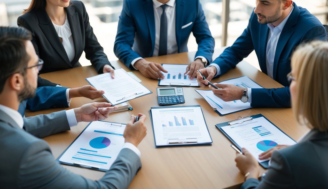 Un gruppo di persone sedute attorno a un tavolo, discutendo e rivedendo documenti relativi alla gestione e all'amministrazione di una società S.A.S.