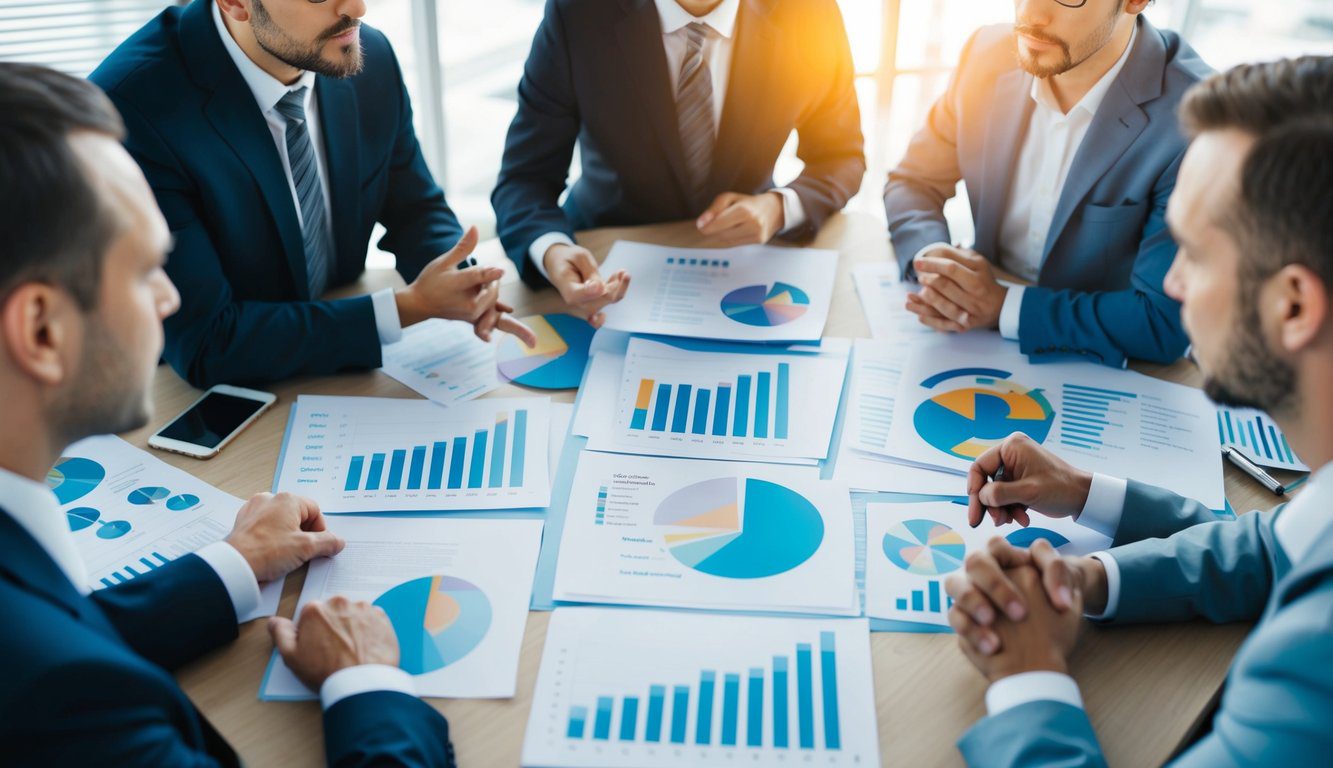 Un gruppo di partner commerciali che discutono i vantaggi e gli svantaggi di una semplice società di persone, circondati da grafici e diagrammi.