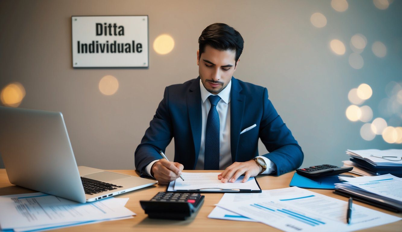 Una persona che compila documenti a una scrivania con un laptop, una calcolatrice e vari documenti aziendali sparsi intorno. Un cartello sulla parete dice "Ditta Individuale."