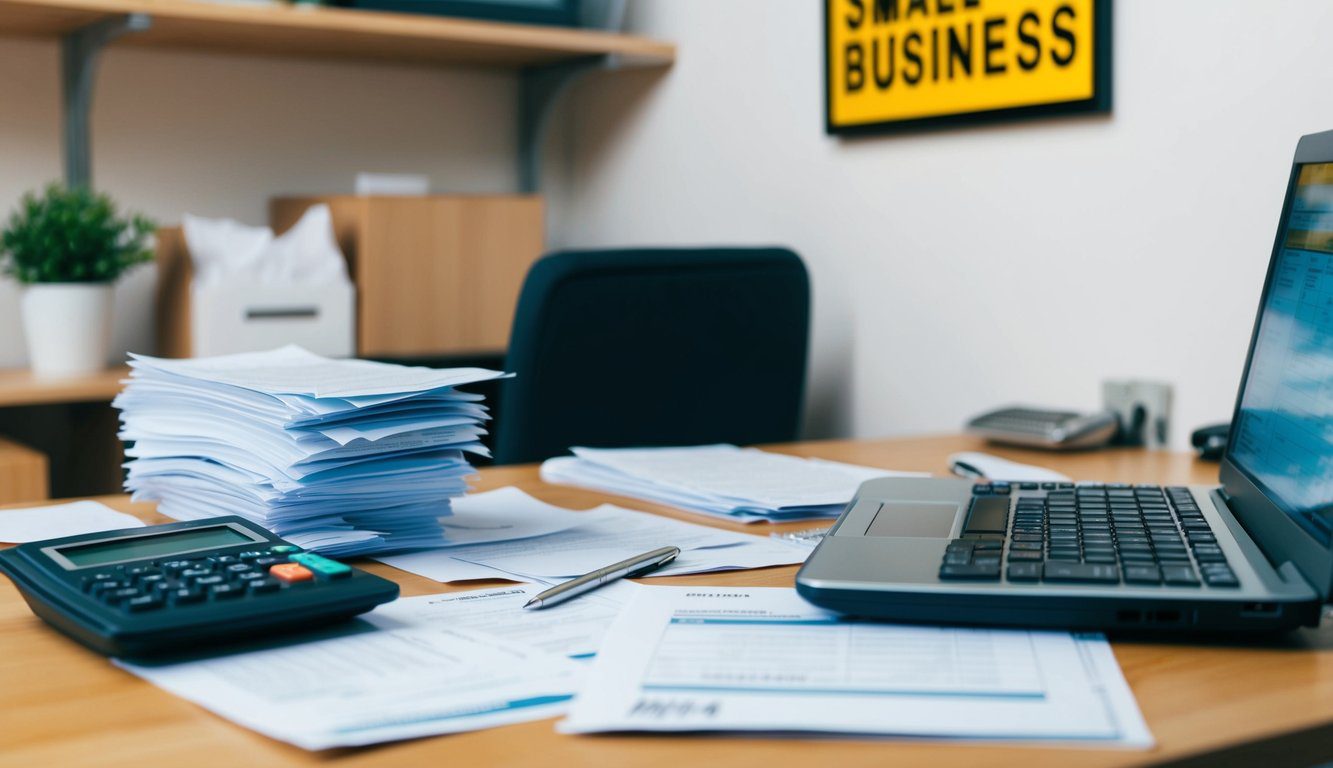 Una scrivania disordinata con un laptop, una calcolatrice e documenti. Un mucchio di ricevute e fatture. Un'insegna per piccole imprese sulla parete.