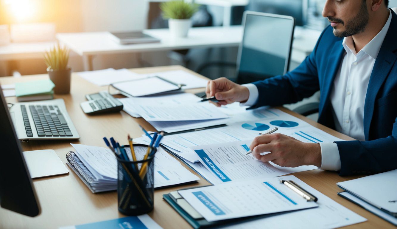 Una scrivania d'ufficio affollata con un computer, documenti e un calendario. Una persona è vista mentre gestisce vari documenti e adempie agli obblighi legali per la propria attività individuale.