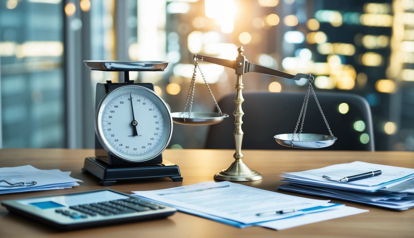 Una scrivania ingombra di documenti finanziari e una bilancia che simboleggia la responsabilità in un contesto di piccola impresa