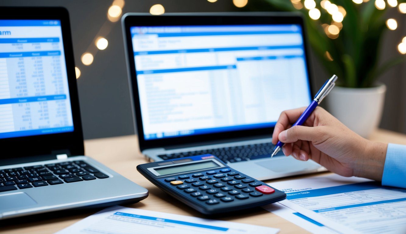 Una scrivania con una calcolatrice, moduli fiscali e un laptop che mostra dati finanziari. La mano di una persona che si allunga per prendere una penna per compilare i moduli.