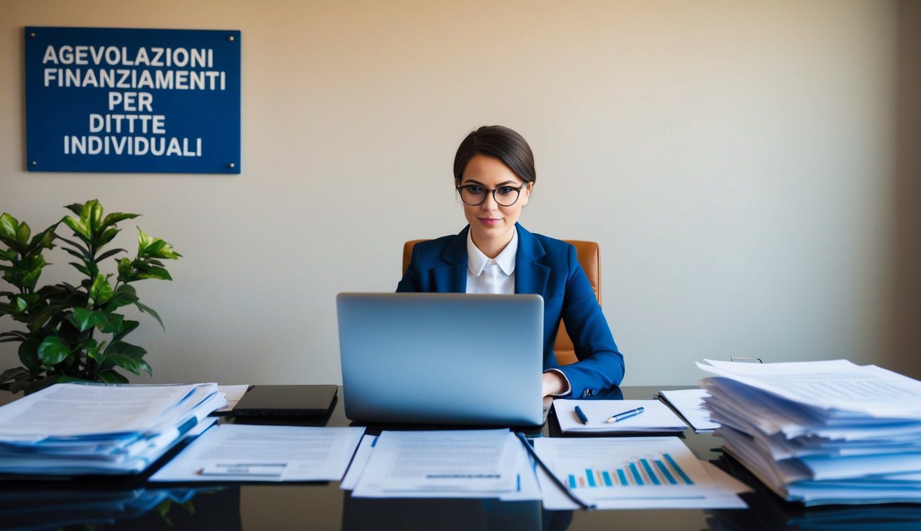Una persona seduta a una scrivania con un laptop, circondata da documenti e documenti finanziari. Un cartello sulla parete dice "Agevolazioni e Finanziamenti Per Ditte Individuali"