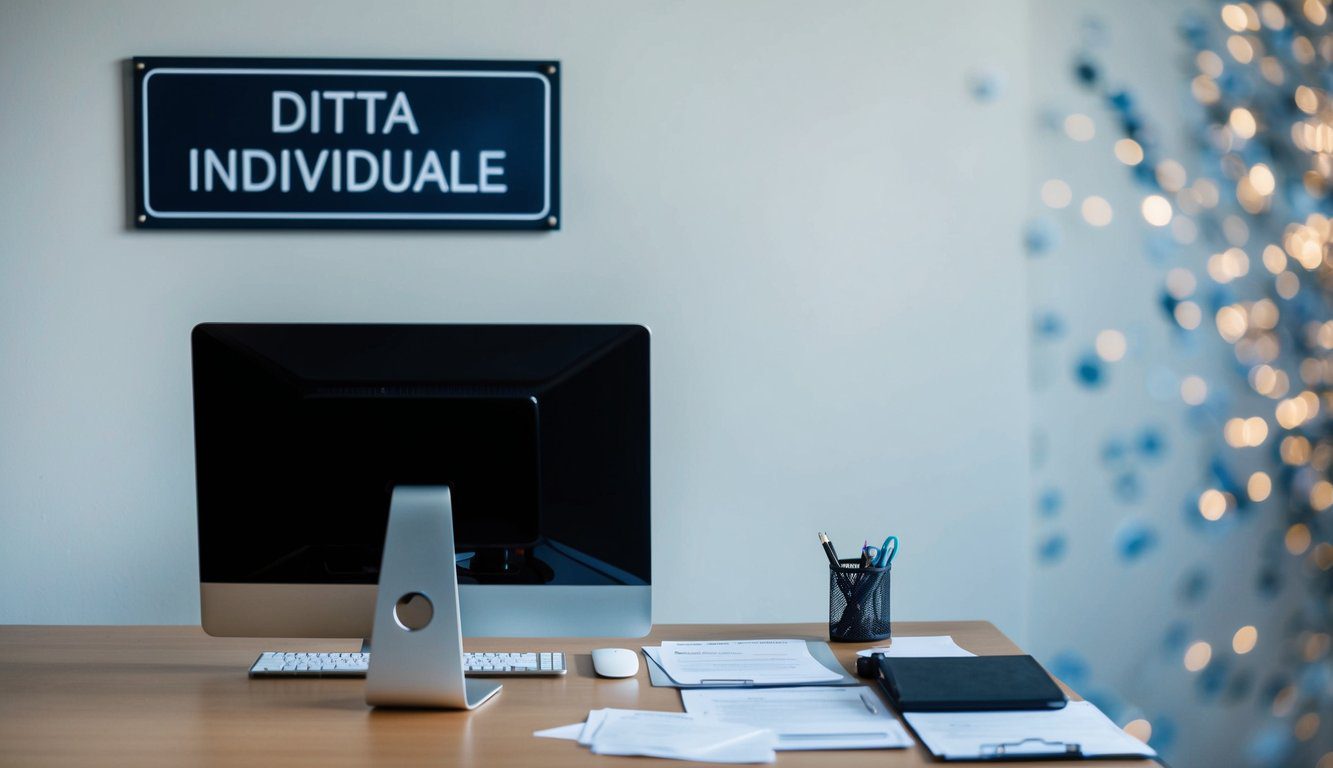 Una semplice scrivania d'ufficio con un computer, documenti e un'insegna aziendale che legge "Ditta Individuale" sulla parete