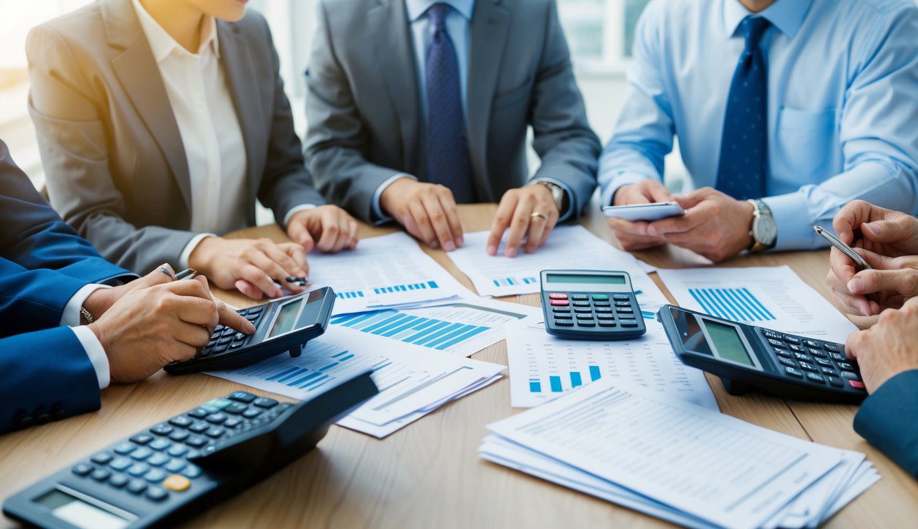 ENPAPI: Cos'è, Come Funziona, Soggetti Obbligati, Iscrizione, Contributi e Pensione (2026) 4 Un gruppo di persone sedute attorno a un tavolo, discutendo e calcolando contributi finanziari, con fogli e calcolatrici sparsi davanti a loro.