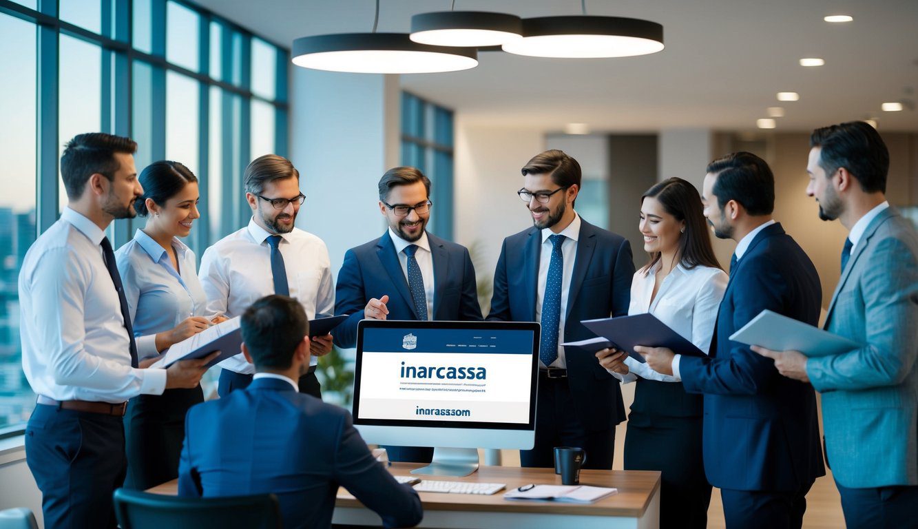 Inarcassa: Cos'è, Come Funziona, Soggetti Obbligati, Iscrizione, Servizi, Contributi, Durc e Pensione (2026) 1 Un gruppo di professionisti si riunisce in un ambiente d'ufficio moderno, discutendo e scambiando documenti relativi a Inarcassa, mentre un computer mostra il logo e il sito web dell'organizzazione sullo schermo.