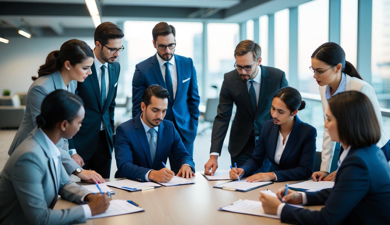 Inarcassa: Cos'è, Come Funziona, Soggetti Obbligati, Iscrizione, Servizi, Contributi, Durc e Pensione (2026) 2 Un gruppo di professionisti si riunisce in un ambiente d'ufficio moderno, discutendo e compilando documenti relativi all'iscrizione obbligatoria all'Inarcassa.