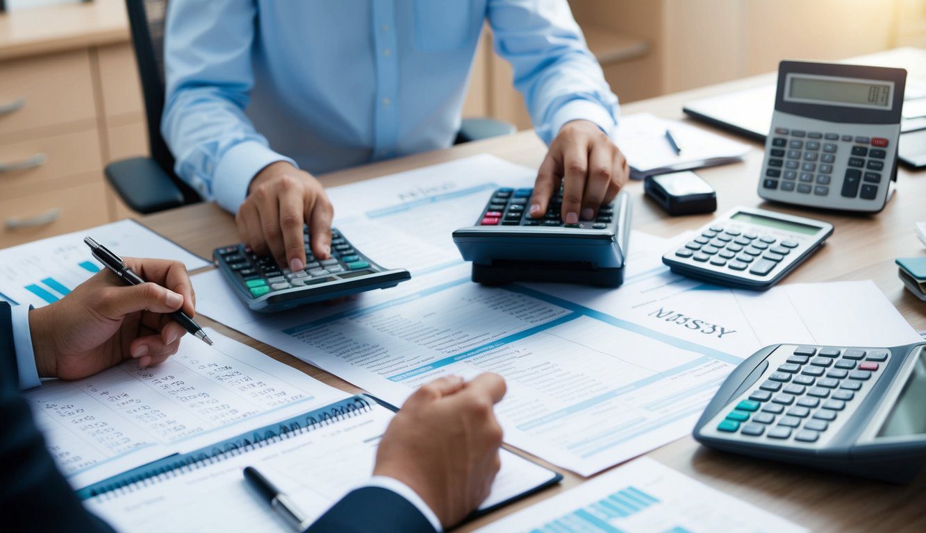 Inarcassa: Cos'è, Come Funziona, Soggetti Obbligati, Iscrizione, Servizi, Contributi, Durc e Pensione (2026) 4 Un ufficio occupato con calcolatrici, documenti e un calendario che mostra le scadenze. Un commercialista sta lavorando al calcolo dei contributi e delle tasse per Inarcassa.