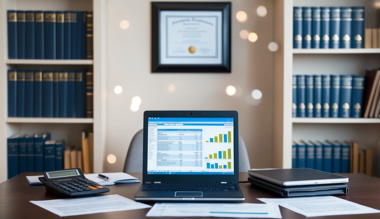 Inarcassa: Cos'è, Come Funziona, Soggetti Obbligati, Iscrizione, Servizi, Contributi, Durc e Pensione (2026) 5 Una scrivania con una calcolatrice, documenti e un laptop, circondata da scaffali pieni di libri finanziari e legali. Un certificato incorniciato è appeso al muro.