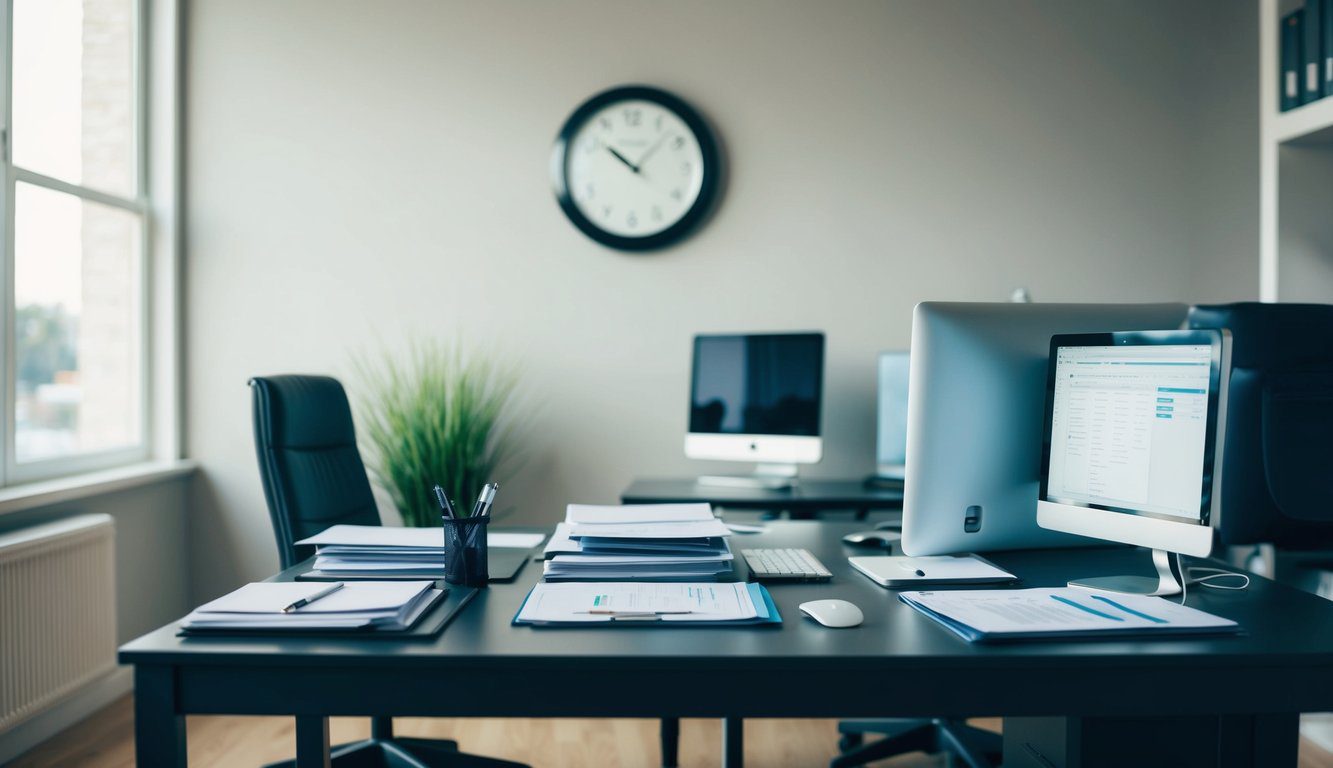 Inarcassa: Cos'è, Come Funziona, Soggetti Obbligati, Iscrizione, Servizi, Contributi, Durc e Pensione (2026) 9 Un ambiente d'ufficio tranquillo con una scrivania, un computer e documenti ben organizzati. Un orologio sulla parete indica il passare del tempo.