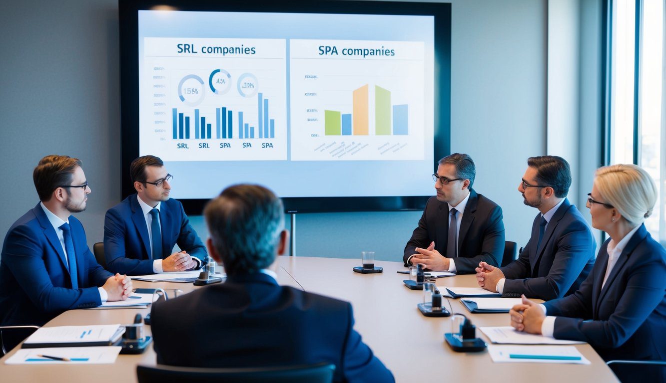 Una riunione di consiglio con due gruppi di professionisti che discutono le differenze tra le società Srl e SpA, con grafici e diagrammi mostrati su un grande schermo.