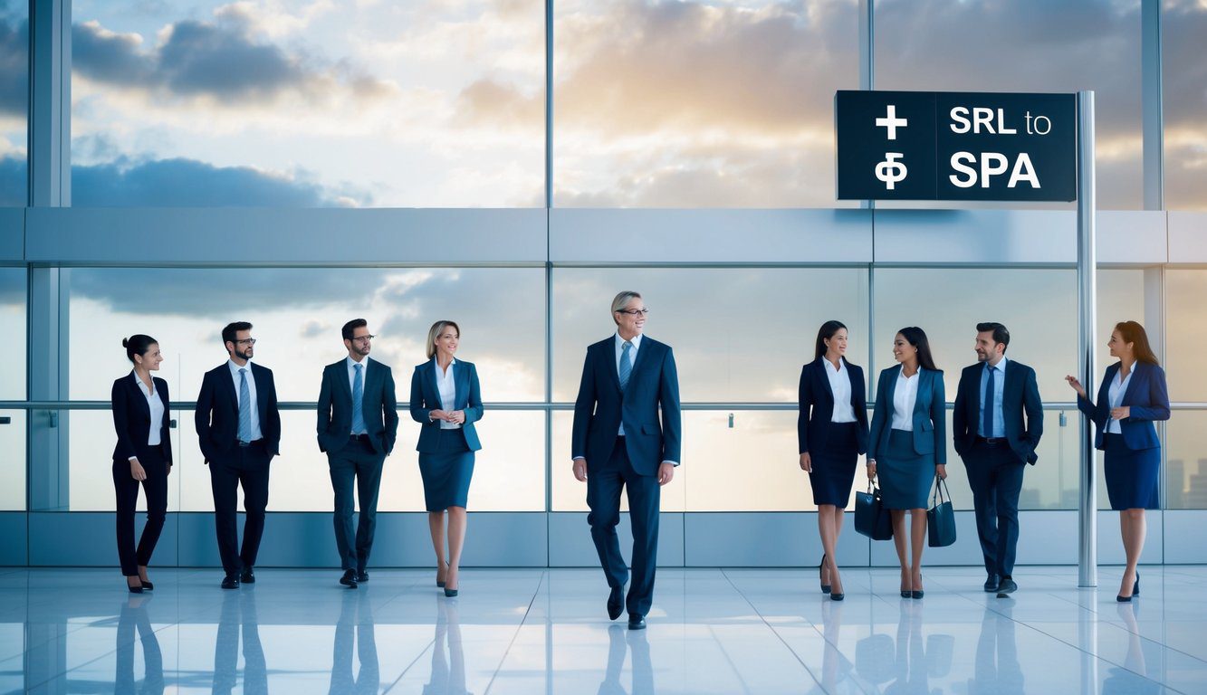 Un gruppo di imprenditori passa da una Srl a una SpA, simboleggiato da un'insegna che cambia su un elegante edificio per uffici.