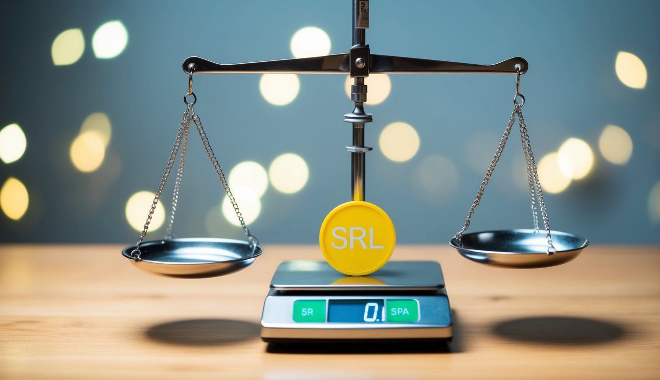 Una bilancia che pesa i simboli SRL e SPA, con l'SRL leggermente inclinato verso il basso