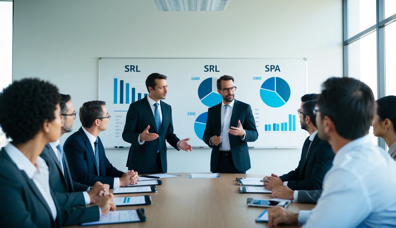 Un ambiente di sala riunioni con due gruppi di imprenditori che discutono e confrontano le differenze tra le società SRL e SpA. Grafici e diagrammi sono esposti su una lavagna.