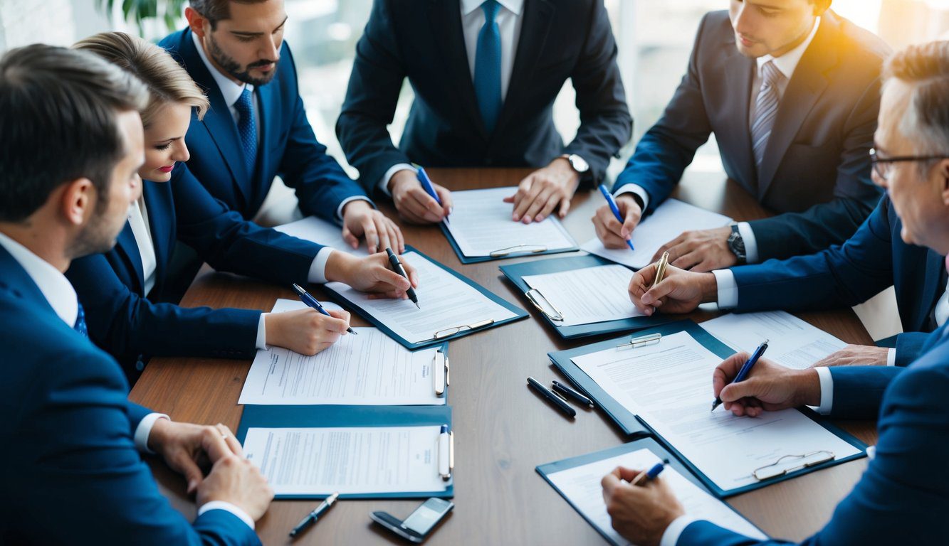 ENPAB: Cos'è, Come Funziona, Soggetti Obbligati, Iscrizione, Servizi, Contributi e Pensione (2026) 2 Un gruppo di professionisti si riunisce attorno a un tavolo, firmando documenti e discutendo dei loro obblighi nei confronti dell'ENPAB. Documenti e penne sono sparsi sul tavolo.