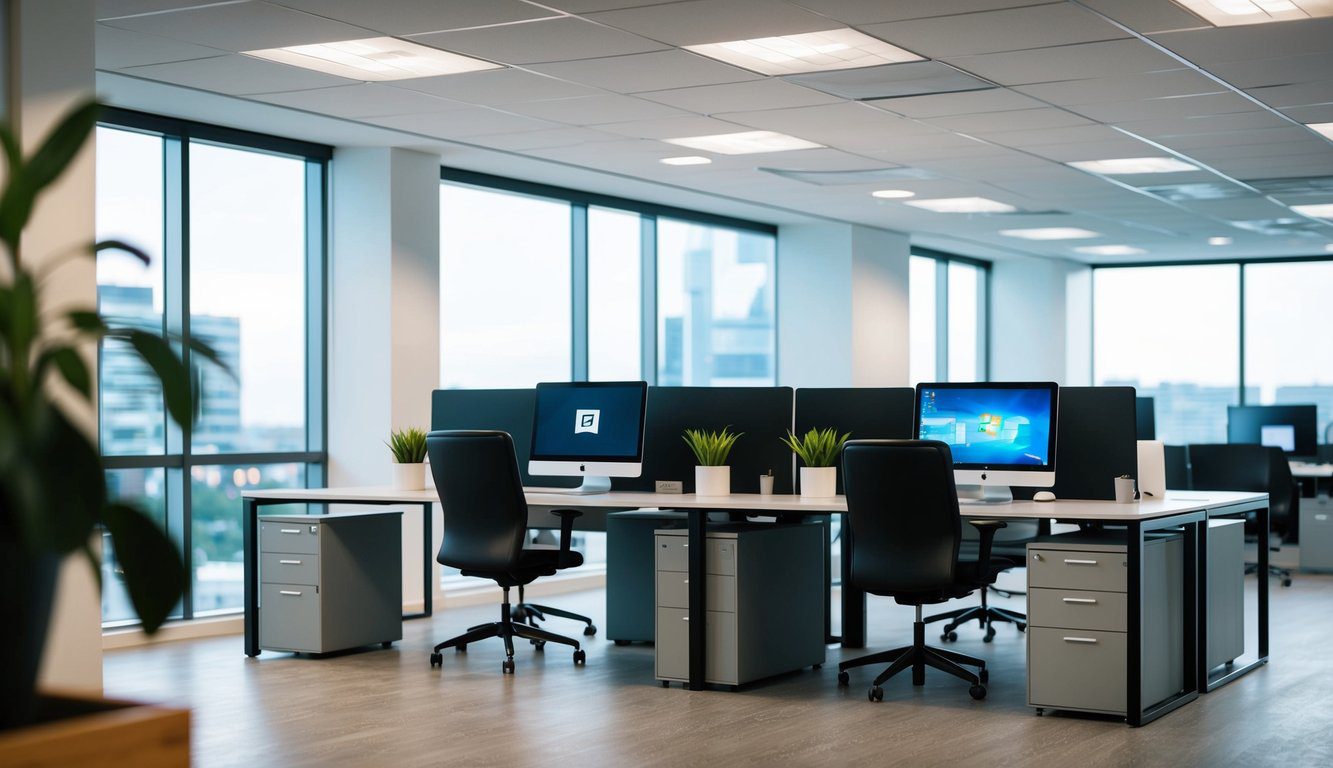 ENPAB: Cos'è, Come Funziona, Soggetti Obbligati, Iscrizione, Servizi, Contributi e Pensione (2026) 4 Uno spazio ufficio moderno con computer, scrivanie e armadietti per la documentazione