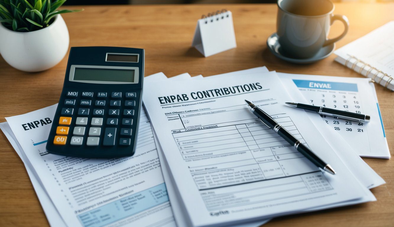 ENPAB: Cos'è, Come Funziona, Soggetti Obbligati, Iscrizione, Servizi, Contributi e Pensione (2026) 5 Una scrivania con una calcolatrice, moduli fiscali e un calendario, con una penna e documenti relativi ai contributi ENPAB sparsi intorno