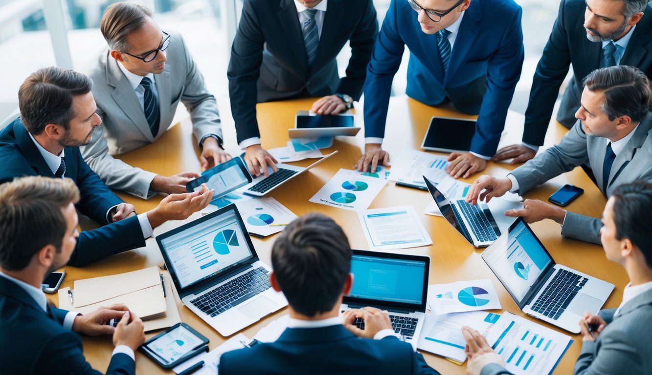 ENPAB: Cos'è, Come Funziona, Soggetti Obbligati, Iscrizione, Servizi, Contributi e Pensione (2026) 3 Un gruppo di professionisti si riunisce attorno a un tavolo, discutendo e scambiando informazioni su ENPAB, con documenti e laptop sparsi attorno.