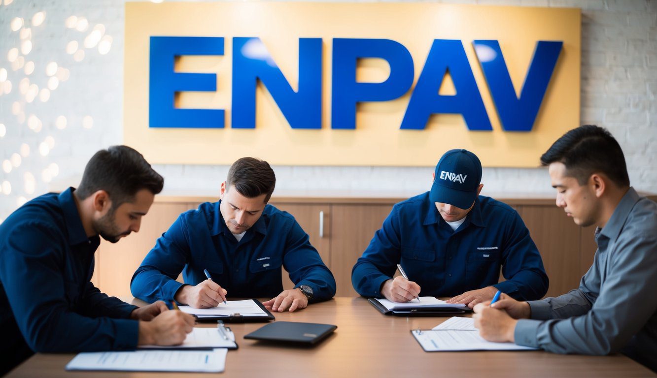 ENPAV: Cos'è, Come Funziona, Soggetti Obbligati, Iscrizione, Servizi, Contributi e Pensione (2026) 2 Un gruppo di lavoratori che compilano documenti a una scrivania, con un cartello per l'ENPAV esposto in modo prominente sullo sfondo.