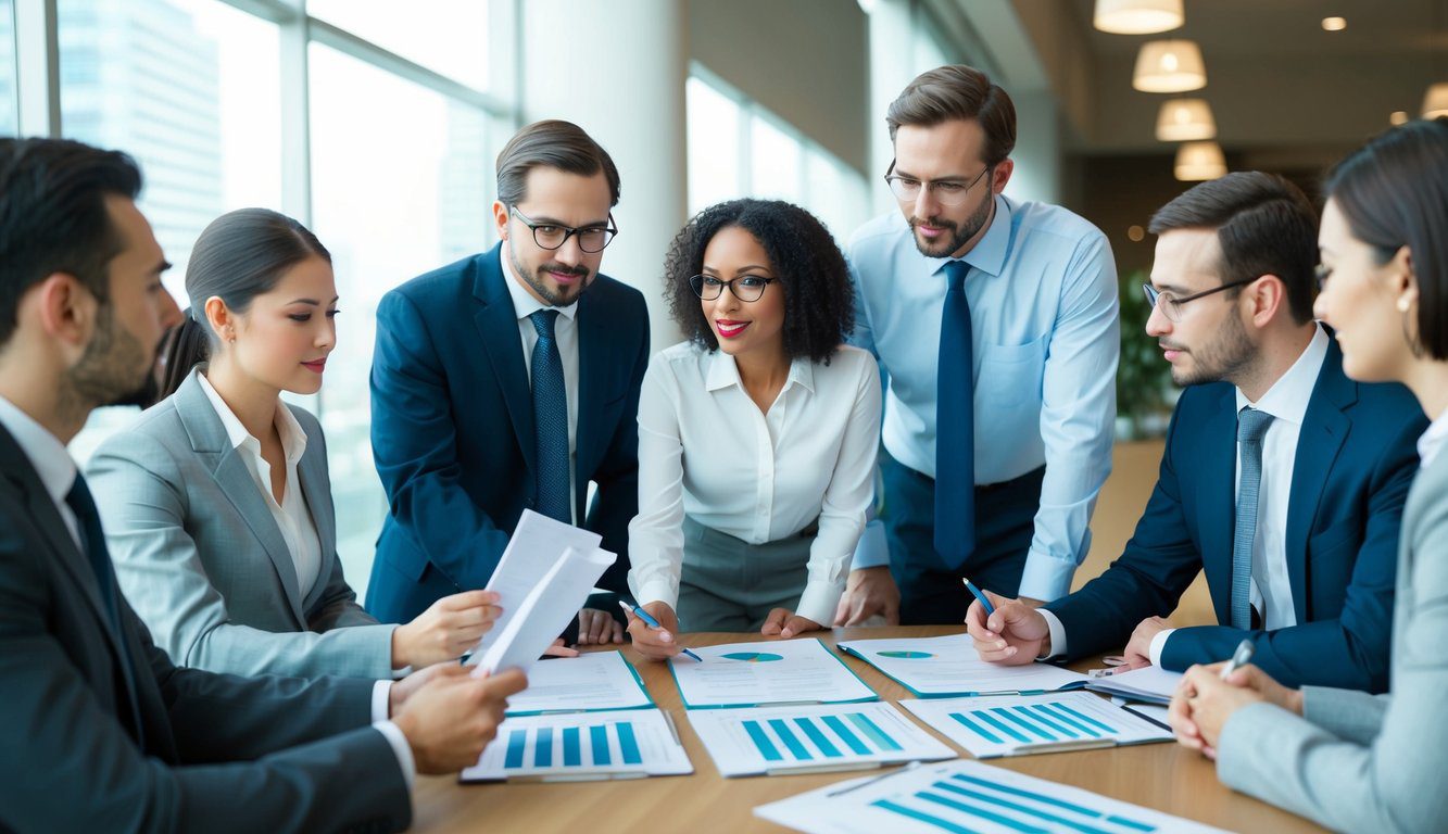 ENPAV: Cos'è, Come Funziona, Soggetti Obbligati, Iscrizione, Servizi, Contributi e Pensione (2026) 5 Un gruppo di professionisti che discute e analizza documenti finanziari e grafici relativi ai contributi ENPAV