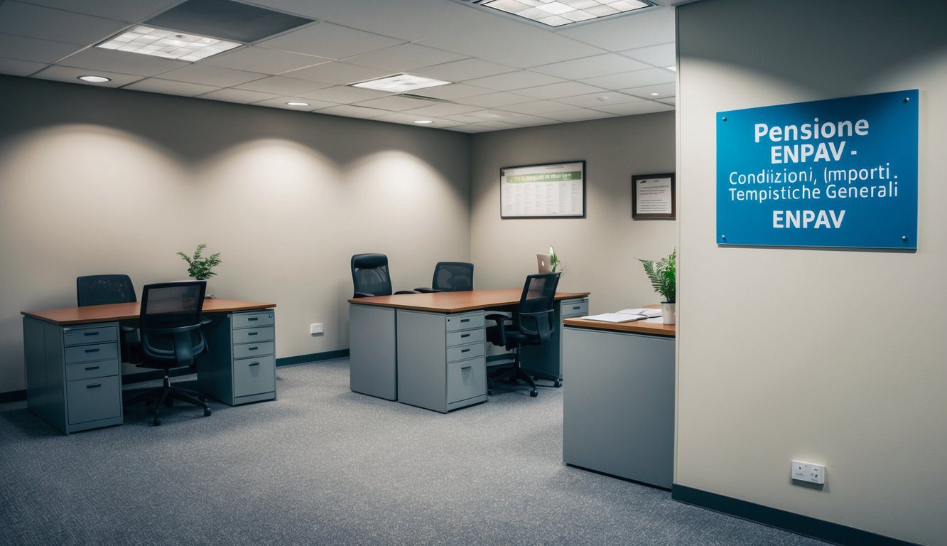 ENPAV: Cos'è, Come Funziona, Soggetti Obbligati, Iscrizione, Servizi, Contributi e Pensione (2026) 8 Un ufficio tranquillo con scrivanie, armadi per archiviazione e un'area reception. Un cartello con "Pensione ENPAV - Condizioni, Importi e Tempistiche Generali ENPAV" è appeso al muro.