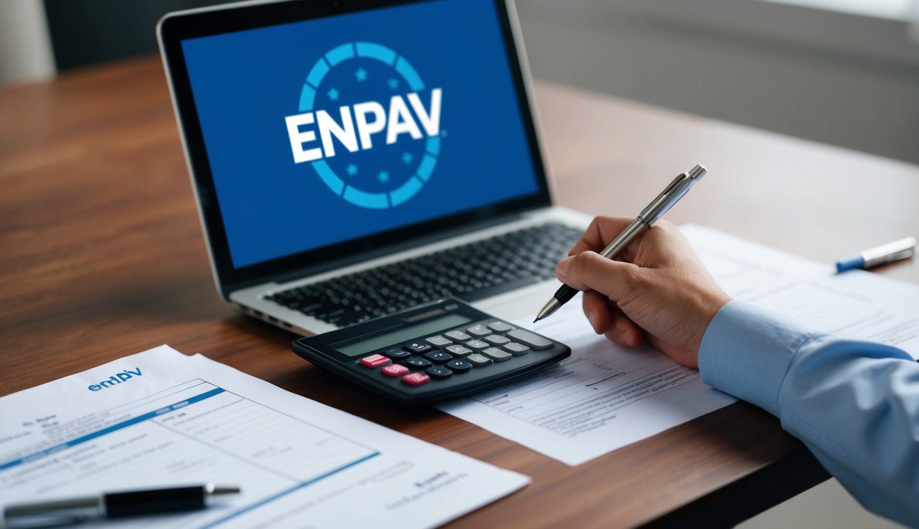 ENPAV: Cos'è, Come Funziona, Soggetti Obbligati, Iscrizione, Servizi, Contributi e Pensione (2026) 9 Una scrivania con un laptop, documenti e una calcolatrice. La mano di una persona che tiene una penna sta compilando dei moduli. Un logo dell'ENPAV è visibile sullo schermo del laptop.