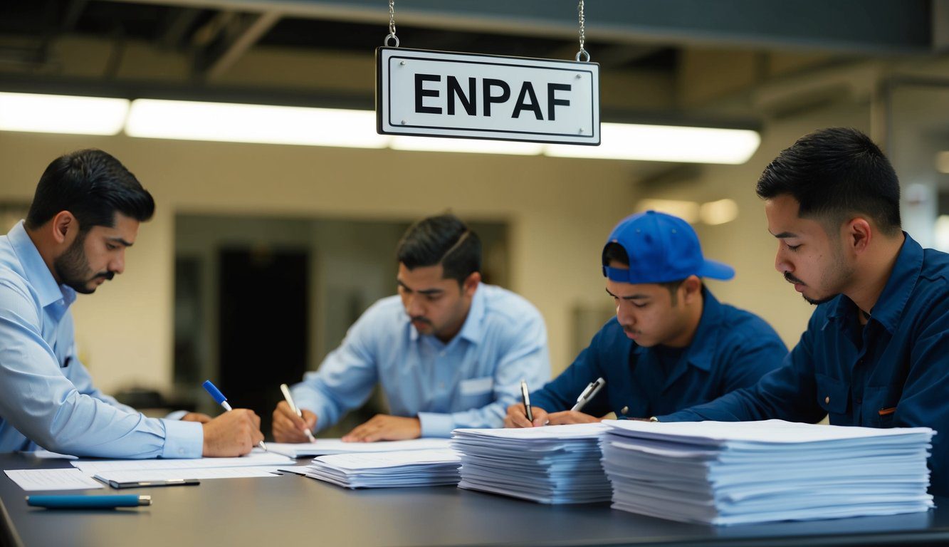 ENPAF: Cos'è, Come Funziona, Soggetti Obbligati, Iscrizione, Servizi, Contributi e Pensione (2026) 2 Un gruppo di lavoratori che compilano documenti a una scrivania, con un cartello sopra che dice "ENPAF." Una pila di moduli e una penna sono visibili.