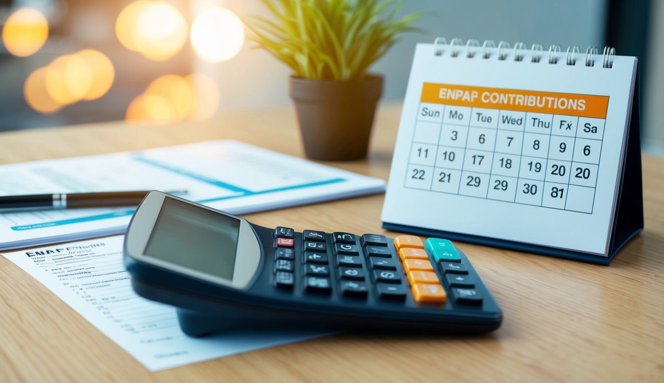 ENPAF: Cos'è, Come Funziona, Soggetti Obbligati, Iscrizione, Servizi, Contributi e Pensione (2026) 4 Una scrivania con una calcolatrice, moduli fiscali e un calendario che mostra le scadenze per i contributi ENPAF