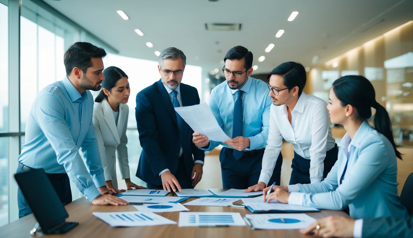 ENPAF: Cos'è, Come Funziona, Soggetti Obbligati, Iscrizione, Servizi, Contributi e Pensione (2026) 5 Un gruppo di professionisti che discute e analizza documenti finanziari e grafici relativi ai contributi ENPAF