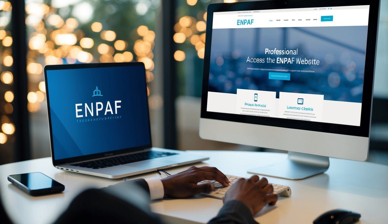 ENPAF: Cos'è, Come Funziona, Soggetti Obbligati, Iscrizione, Servizi, Contributi e Pensione (2026) 8 Una persona che utilizza un computer per accedere al sito web dell'ENPAF, con un telefono vicino per una potenziale comunicazione