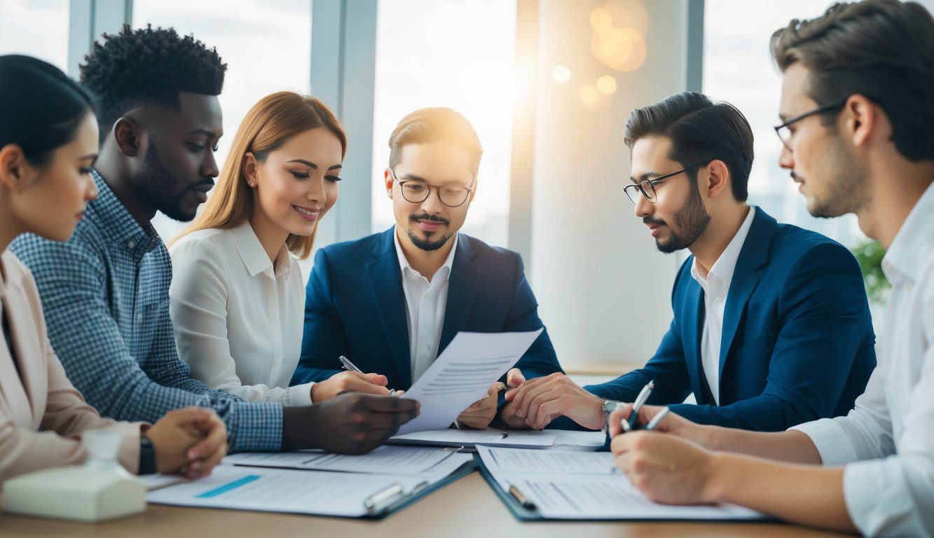 ENPAIA: Cos'è, Come Funziona, Soggetti Obbligati, Iscrizione, Servizi, Contributi, Durc e Pensione (2026) 3 Un gruppo di persone a una scrivania, che discute di documenti e compila moduli per la registrazione all'ENPAIA